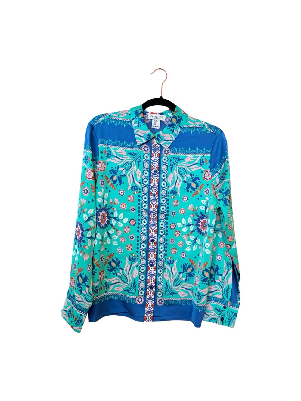 Rachel Zoe  Teal And Blue Silky Satin Fabric Long Sleeves Button Down Shirt M